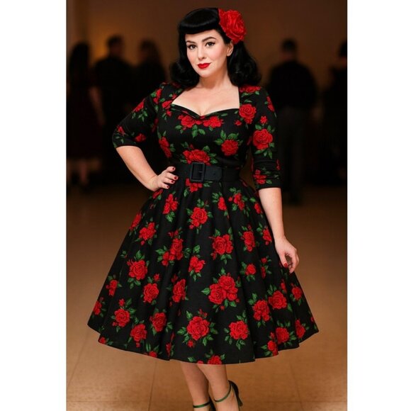Hell Bunny Vixen Eternity Roses Dress Short 3/4 Sleeve Vintage Retro Women 2XL - Picture 1 of 8